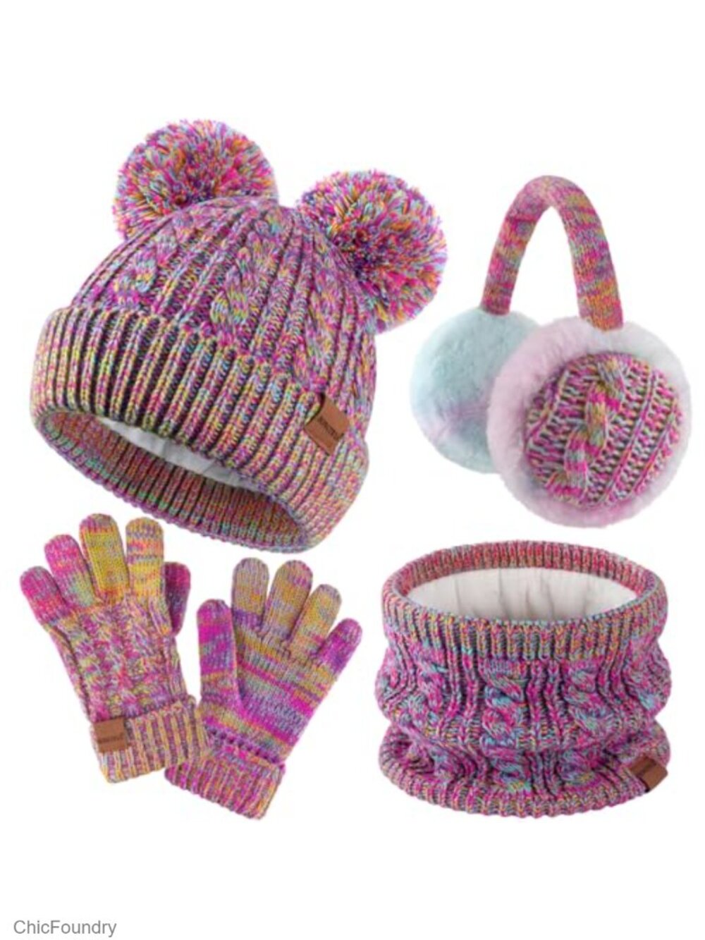 Kids Winter Hat Gloves Scarf 4-Piece Set, Fleece Lined Unisex